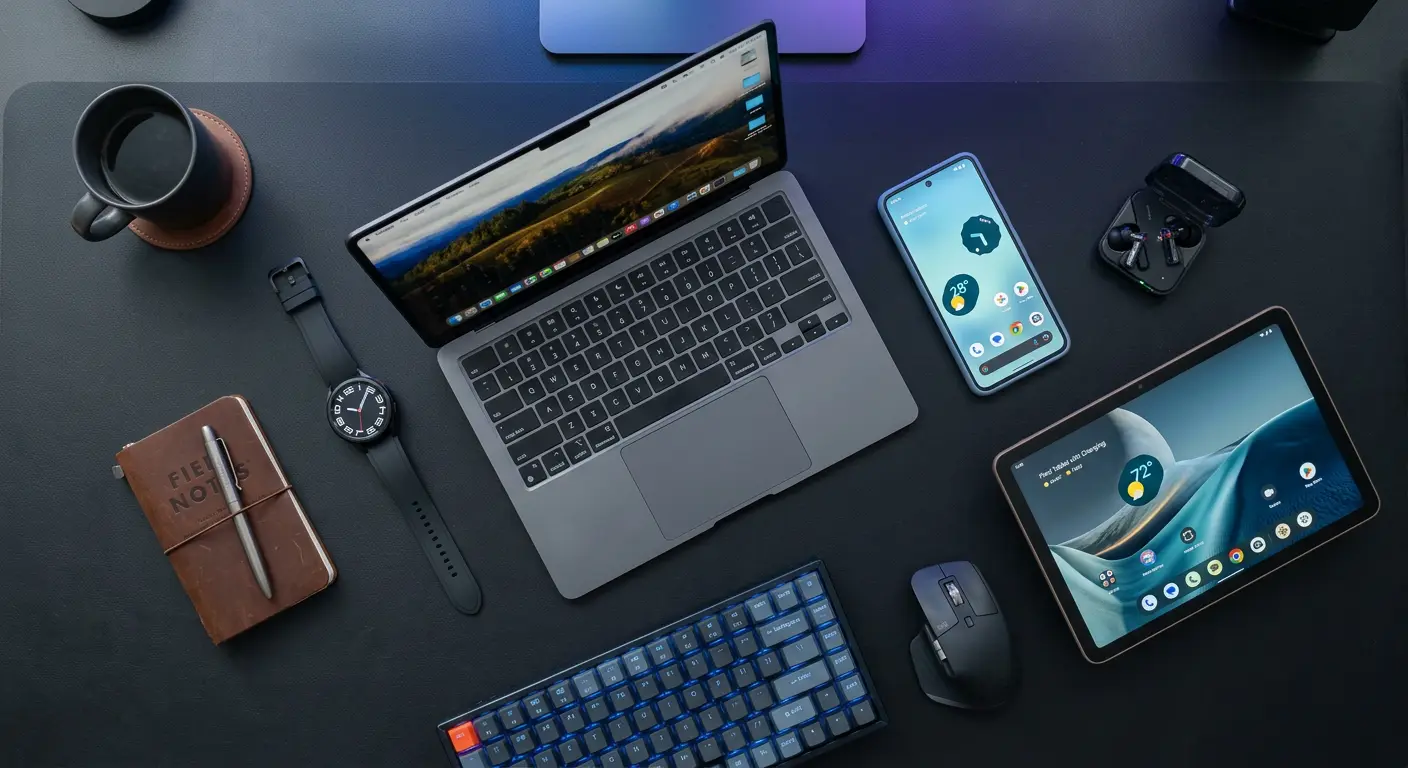 Tech gadgets arranged on desk